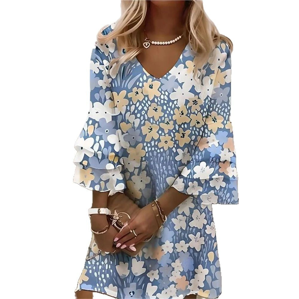 Summer Flared Sleeves V-neck 3D Digital Printing Midi Dress