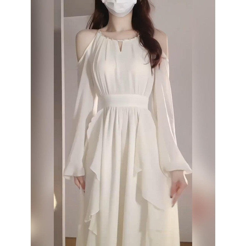 White Off-the-shoulder Clothes Halter Dress Waist Slimming