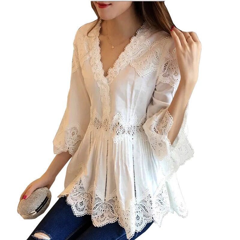 V-Neck Ruffled Lace Shirt Loose Babydoll Top Summer Shirt