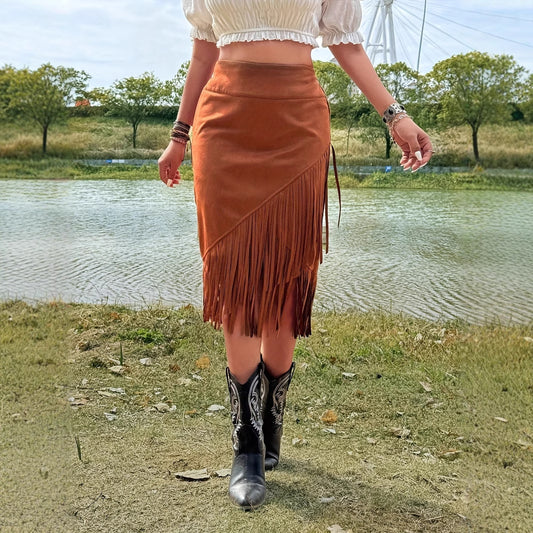 Women's Fashionable Casual Solid Color Asymmetrical Tassel Hem A-line Skirt
