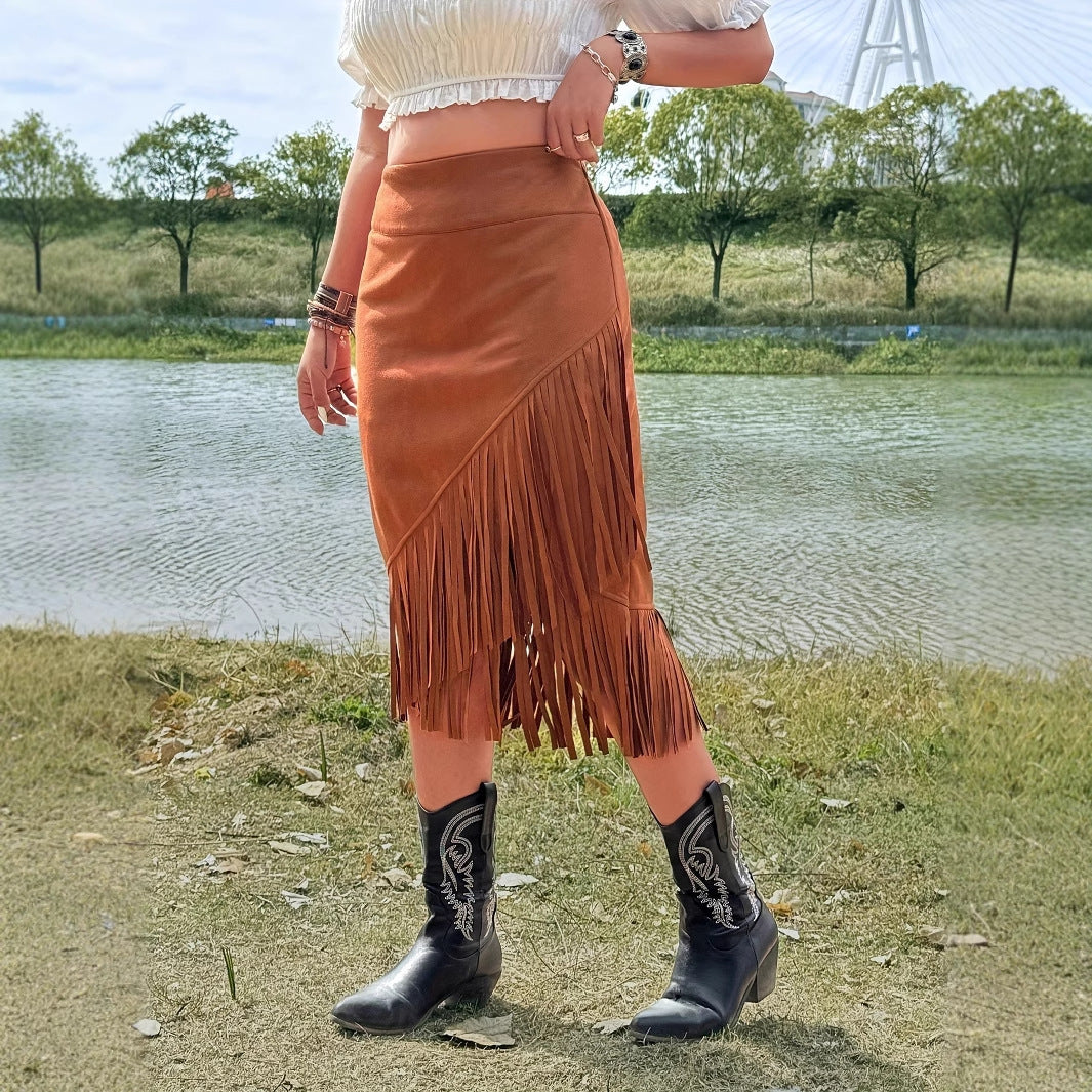 Women's Fashionable Casual Solid Color Asymmetrical Tassel Hem A-line Skirt