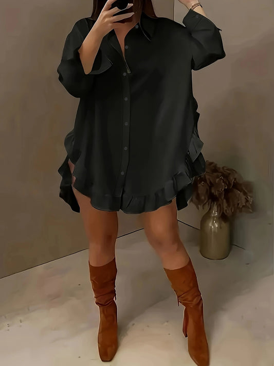 Women's Plus Size Casual Shirt With Ruffle Hem, Solid Color, Woven Polyester, Non-Stretch, Pointed Collar, Button Front, For All Seasons
