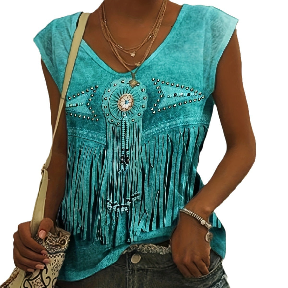 Vintage Printed Tassel Art Pattern V-neck Vest T-shirt For Women