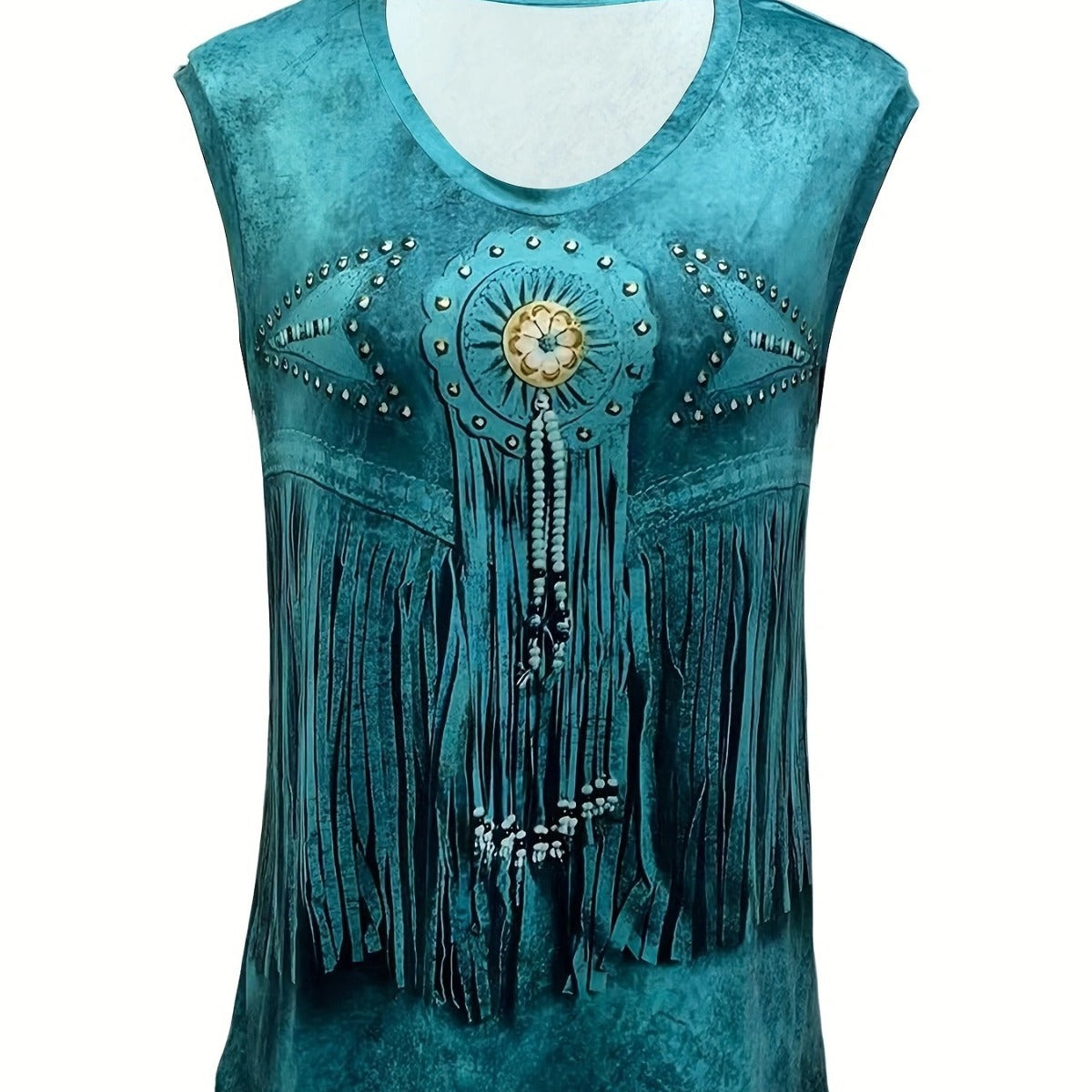 Vintage Printed Tassel Art Pattern V-neck Vest T-shirt For Women
