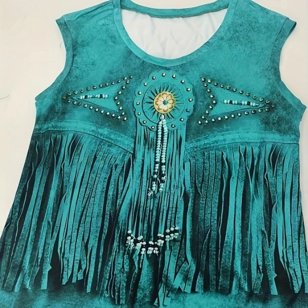 Vintage Printed Tassel Art Pattern V-neck Vest T-shirt For Women