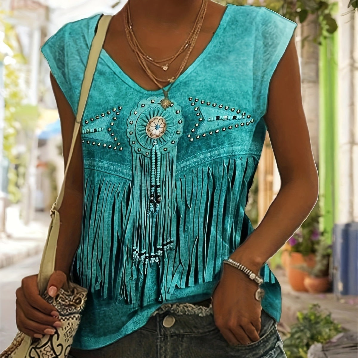 Vintage Printed Tassel Art Pattern V-neck Vest T-shirt For Women